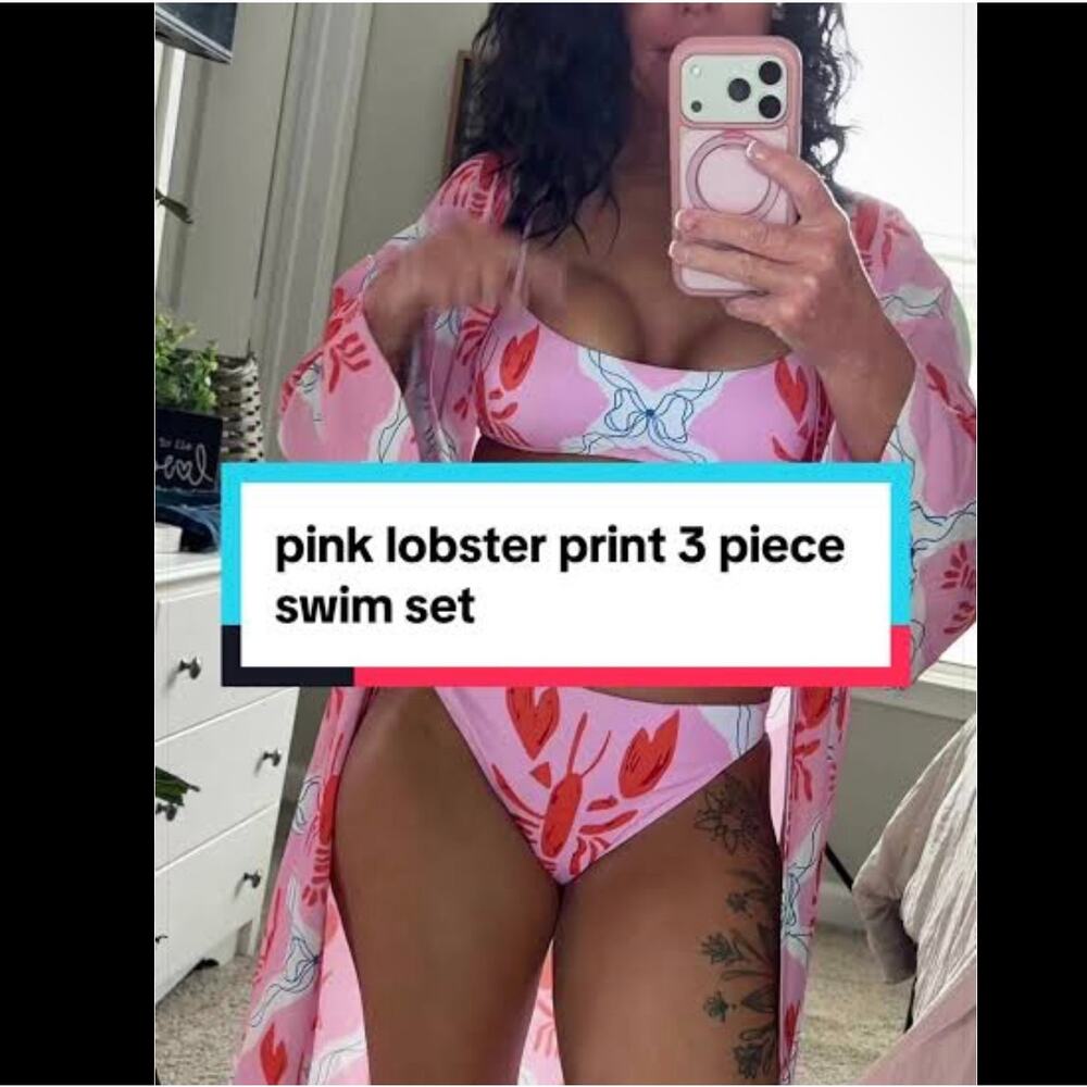 NWOT 3 piece crawfish lobster pink & red bikini set size medium tiktok viral - Picture 3 of 10